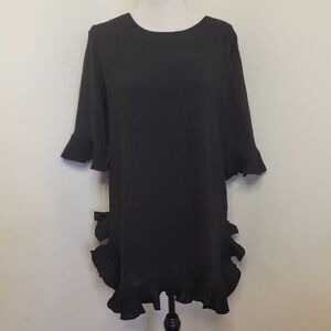 Auchan-AI Women’s Black Ruffle Dress Size Small NWT Round Neck 3/4 Sleeve Cotton